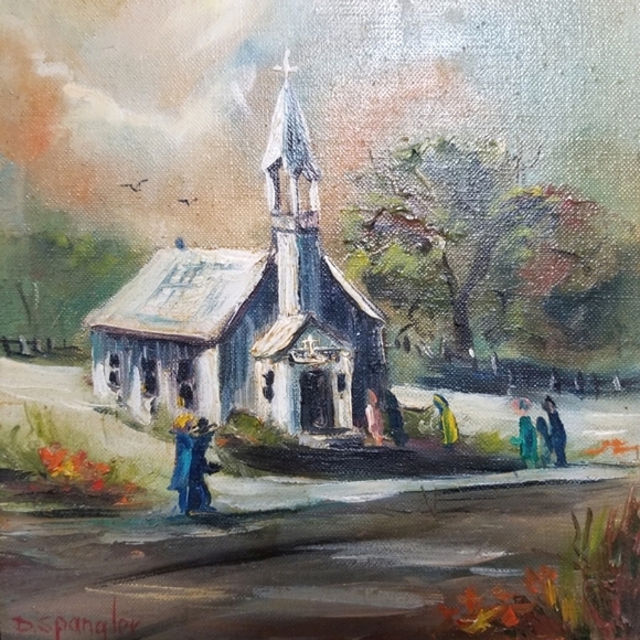 Original Oil Painting On Canvas Church Scene 1966 Signed Handcrafted Frame Vtg - Picture 2 of 16